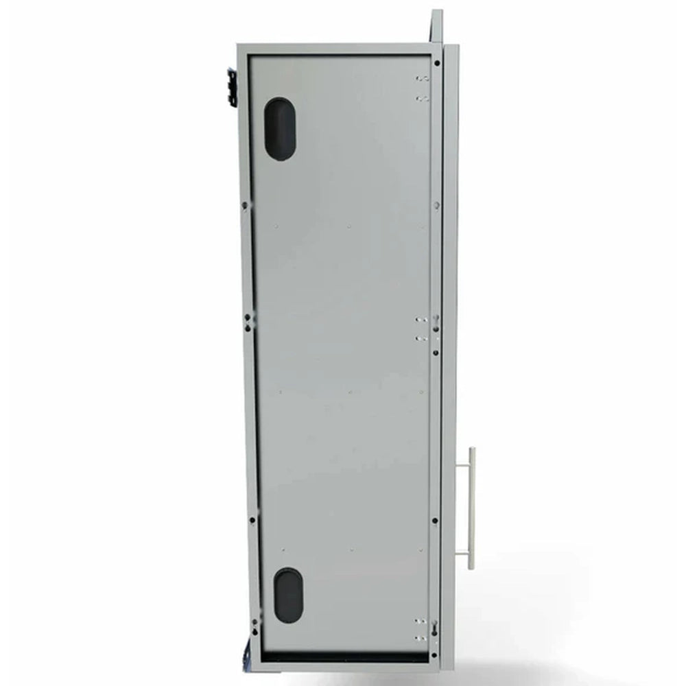 Side profile of the Sunstone 18-inch stainless steel wall cabinet showing utility knockouts for easy electrical or plumbing integration.