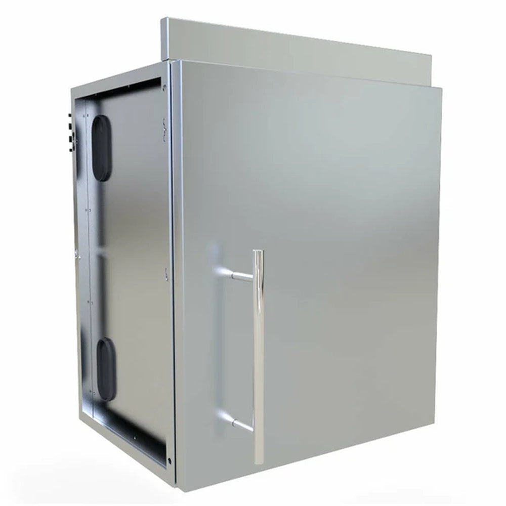Angled view of Sunstone SWC18CSDR 18-inch stainless steel upper wall cabinet with right swing door and modern handle