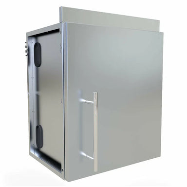 Angled view of Sunstone SWC18CSDR 18-inch stainless steel upper wall cabinet with right swing door and modern handle