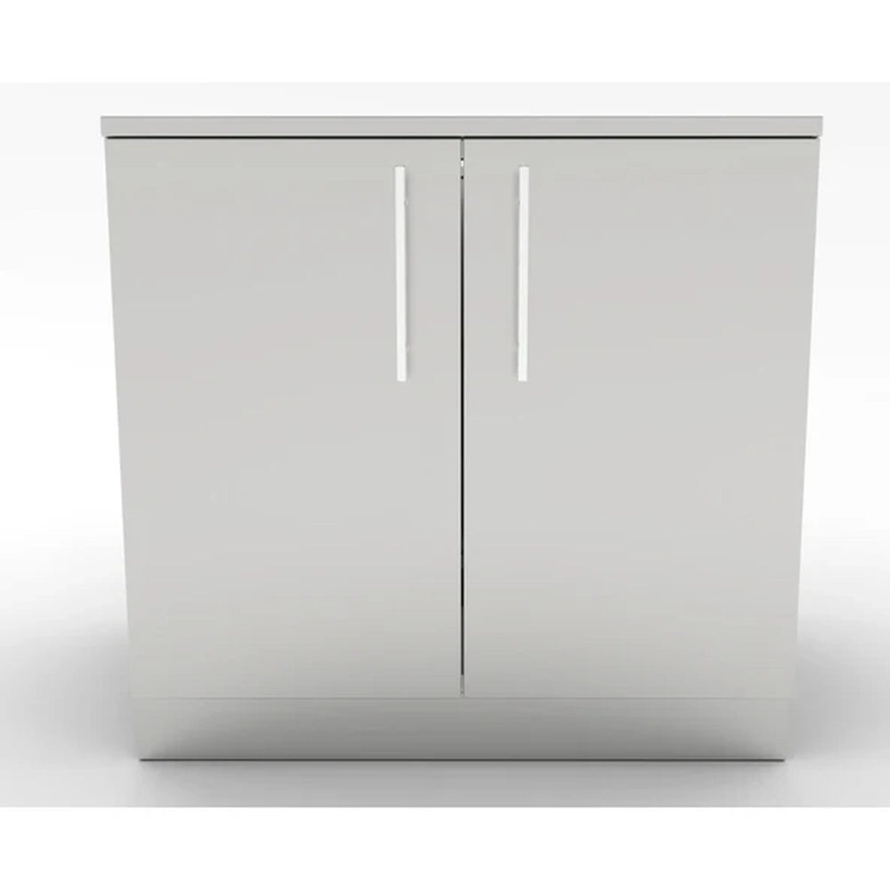 Front view of the Sunstone SBC36FDD 36-inch double door base cabinet showing symmetrical stainless steel doors and a professional-grade kickplate.