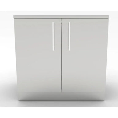 Front view of the Sunstone SBC36FDD 36-inch double door base cabinet showing symmetrical stainless steel doors and a professional-grade kickplate.
