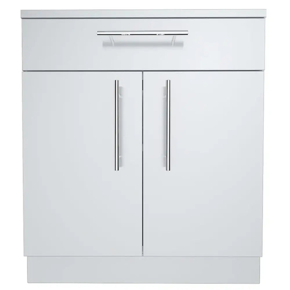 Frontal view of the Sunstone SBC30CDD outdoor kitchen base cabinet featuring a false drawer front and two large doors with sleek chrome handles.