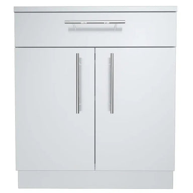 Frontal view of the Sunstone SBC30CDD outdoor kitchen base cabinet featuring a false drawer front and two large doors with sleek chrome handles.