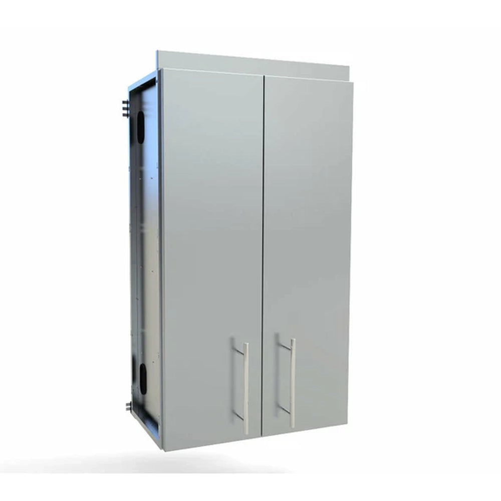 3/4 perspective of a 24-inch Sunstone stainless steel outdoor kitchen wall cabinet showing the sleek, weather-resistant double door design.