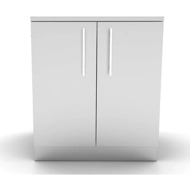Direct front-facing view of a Sunstone 30-inch double door base cabinet featuring a weather-resistant 304 stainless steel finish and modern vertical handles.