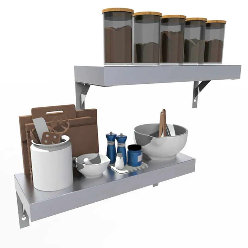 Sunstone 304 stainless wall shelves holding jars, bowls and utensils, wall-mounted storage for outdoor kitchen or grill station.