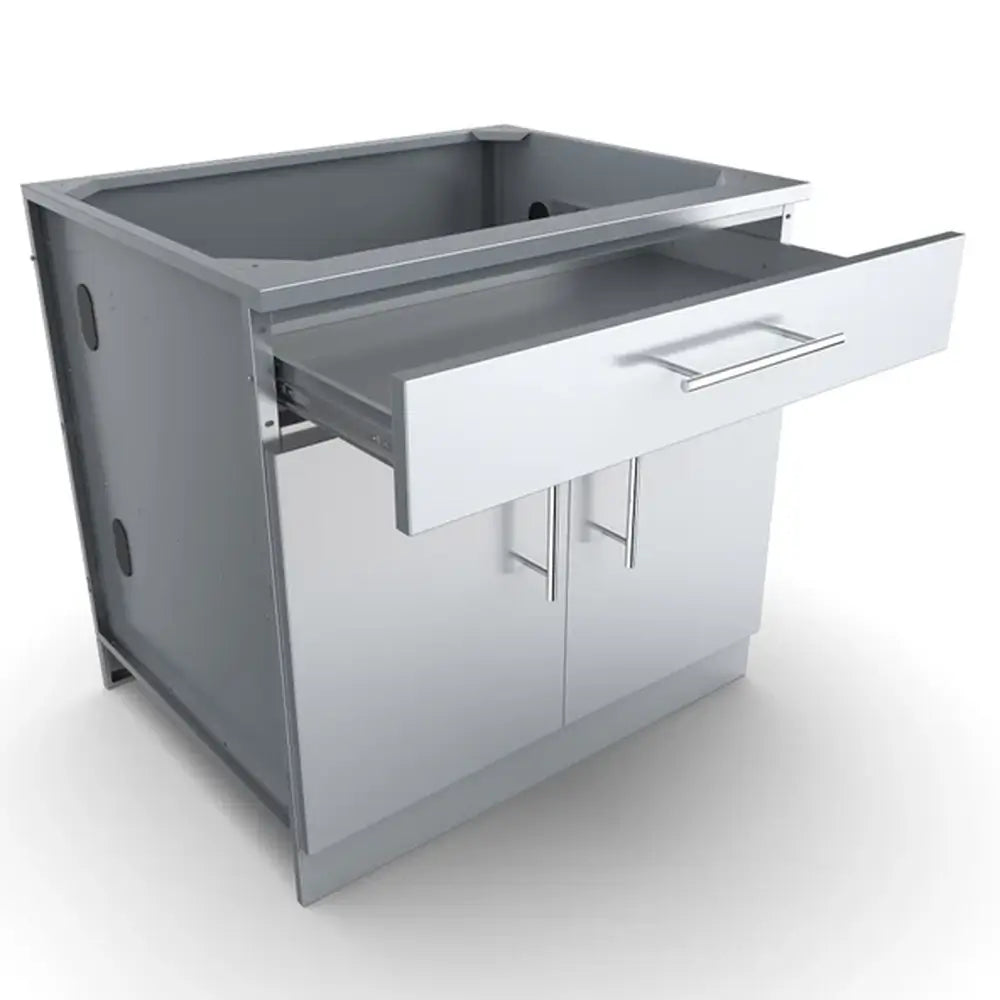 Sunstone 36-inch stainless steel base cabinet featuring a fully extended top storage drawer for BBQ tools.