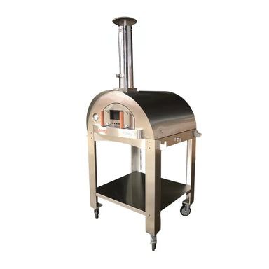 WPPO Karma 32 wood-fired pizza oven mounted on a mobile stainless steel stand cart.