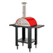 WPPO Karma 25 colored wood-fired oven with red dome, chimney, black rolling cart, side shelves, and lower storage shelf.