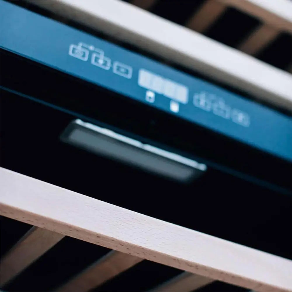 Detail of Summerset RFR-24WD dual zone wine cooler control panel display between wood racking.