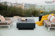 Modern outdoor living space featuring the Bergen rectangular fire pit table and designer seating.