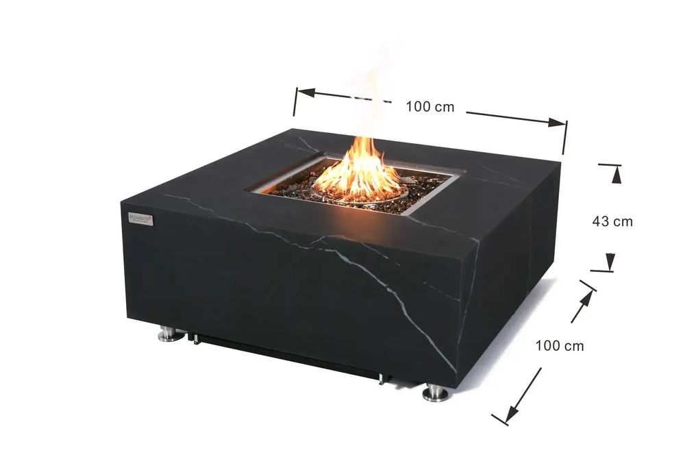 Technical dimension diagram for the Elementi Plus OFP103BB Bulgaria Black fire table, showing a length of 157.5 cm, width of 76.2 cm, and height of 36.5 cm.