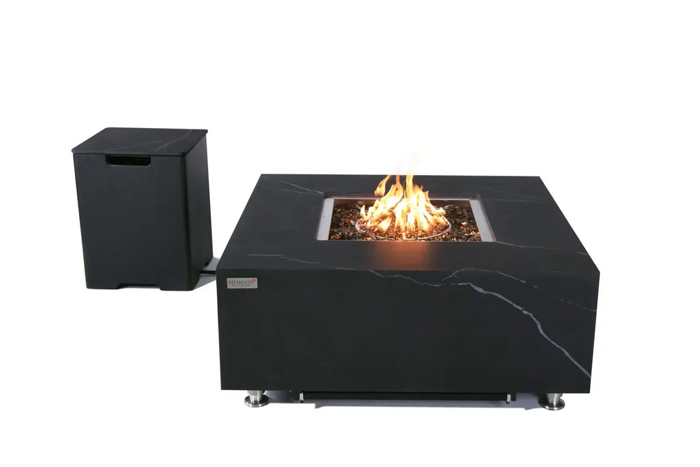 Elementi Plus OFP103BB Bulgaria Black fire pit table shown with its matching dark porcelain propane tank cover for a cohesive outdoor aesthetic.