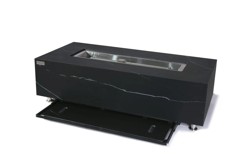 Functional view of the Varna Bulgaria Black fire table showing the integrated sliding storage drawer beneath the frame for holding the matching square burner lid.
