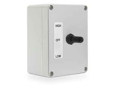 SunStar 147010 patio heater switch kit in a gray enclosure with rotary knob and High/Off/Low label for heat control.
