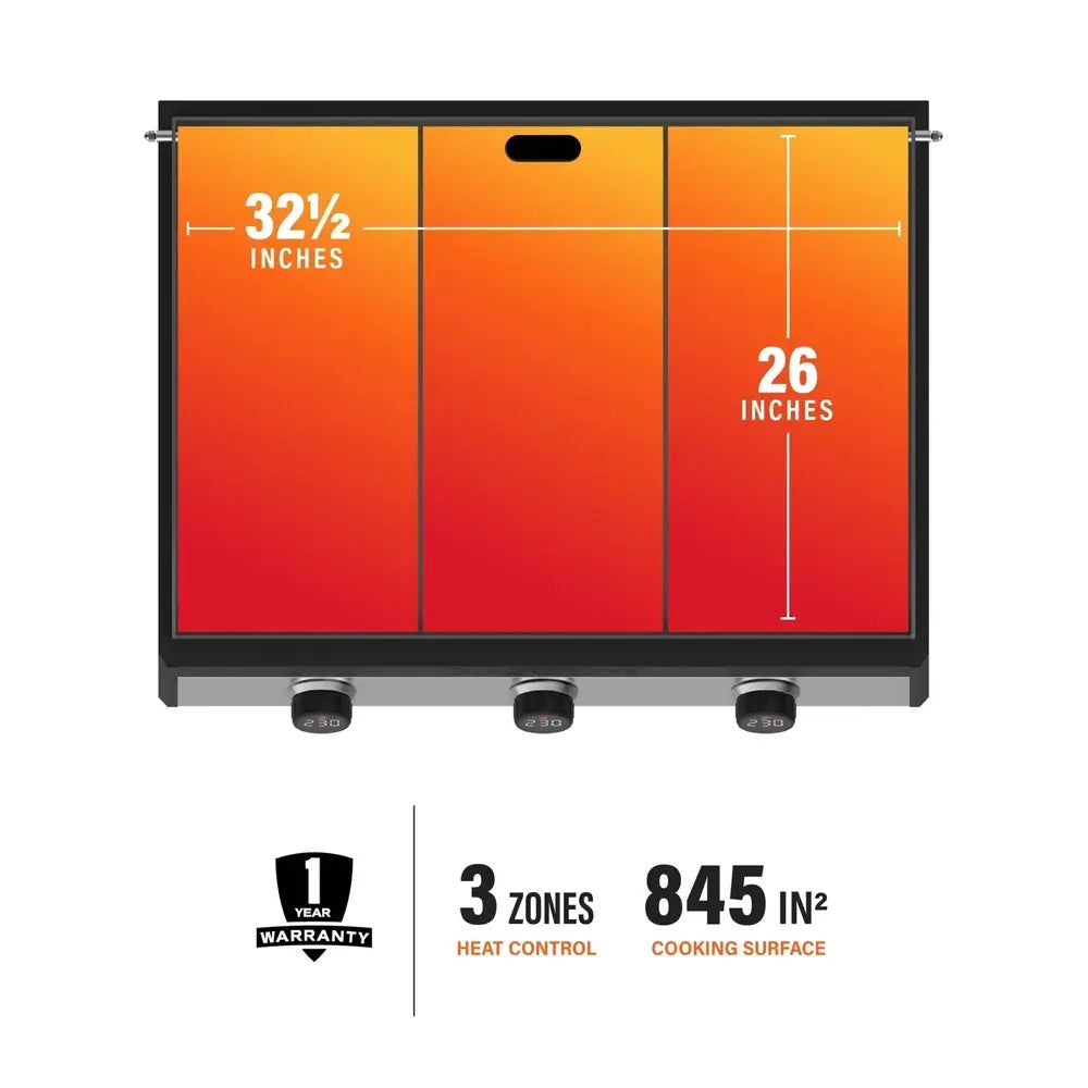 845 square inch cooking surface of Blackstone 36” built-in griddle with 3-zone heat control for precise grilling performance
