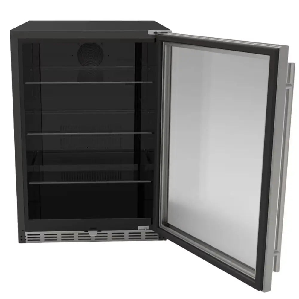Summerset RFR-24G Glass Door Refrigerator interior view with bottom drawer and blue LED lighting.