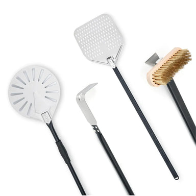 WPPO 4 piece pizza oven utensil kit with round peel, square perforated peel, ash rake, and brass bristle brush.