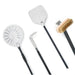 WPPO 4 piece pizza oven utensil kit with round peel, square perforated peel, ash rake, and brass bristle brush.