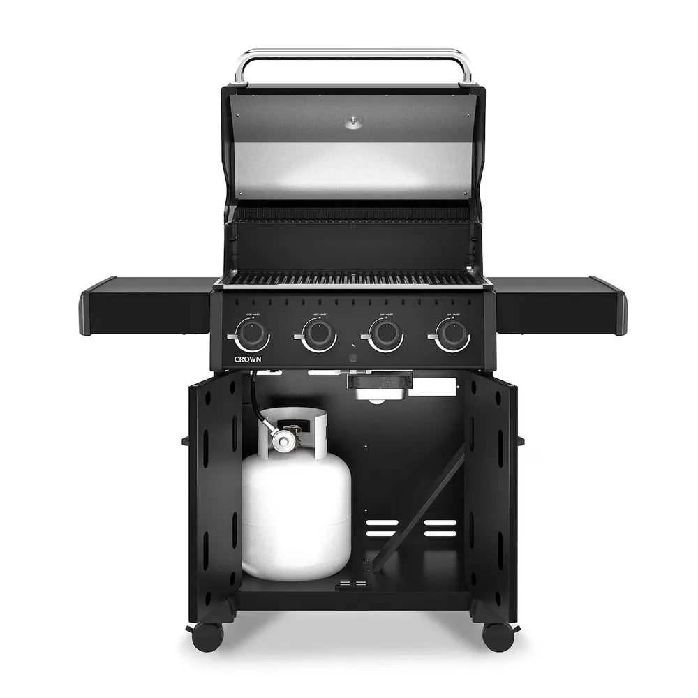 Broil King Crown 410 Shadow 4 burner gas grill, front open view