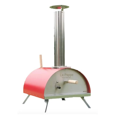 WPPO Le Peppe black portable wood-fired pizza oven with a stainless steel chimney and side handles.