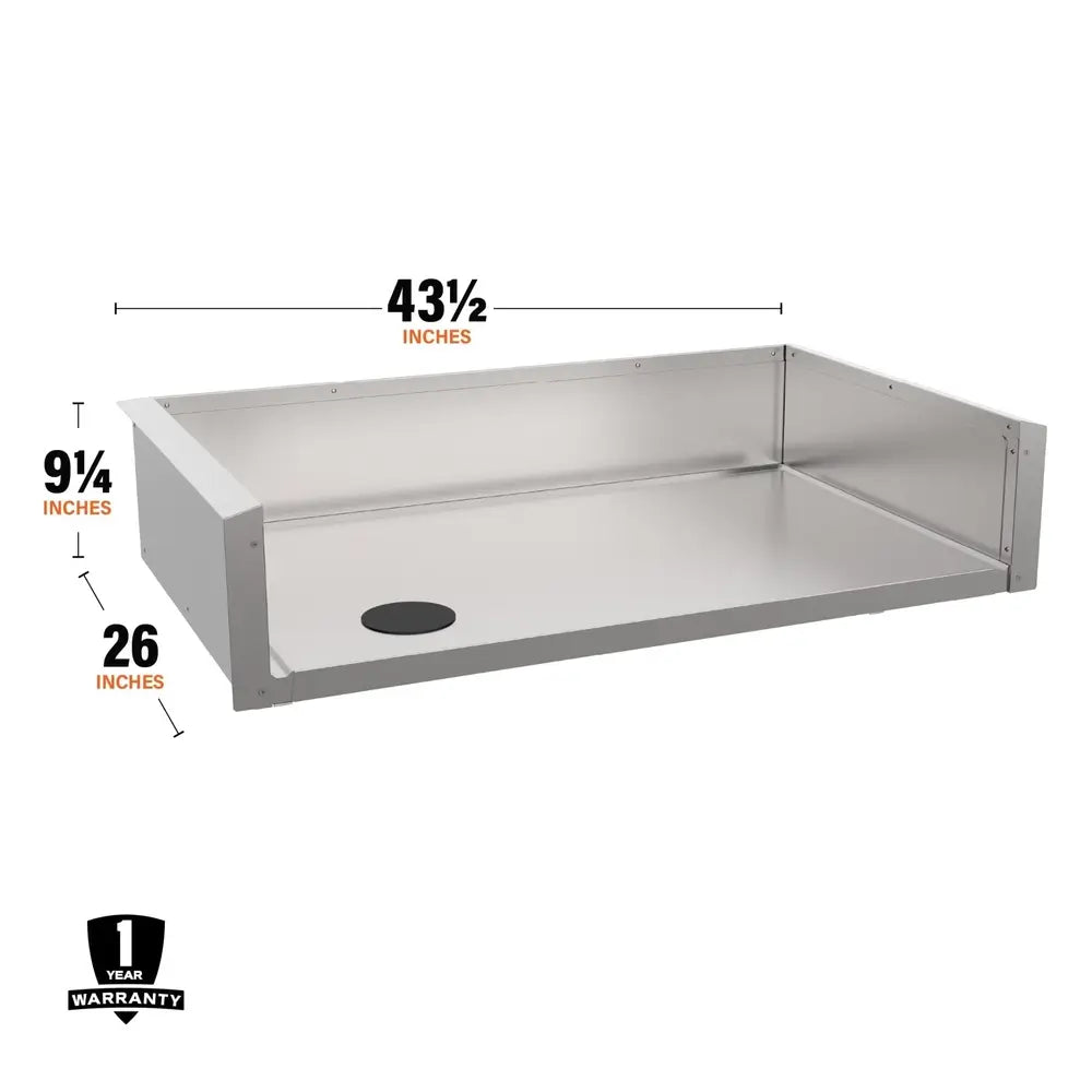 Measurement view of 43.5-inch stainless steel drop-in griddle jacket with cutout for grease management