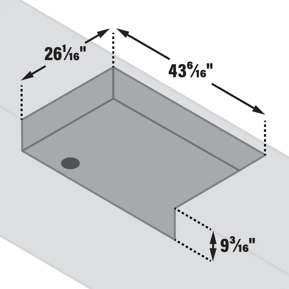 Diagram top view of 36-inch drop-in griddle liner with precise dimensions and grease cutout