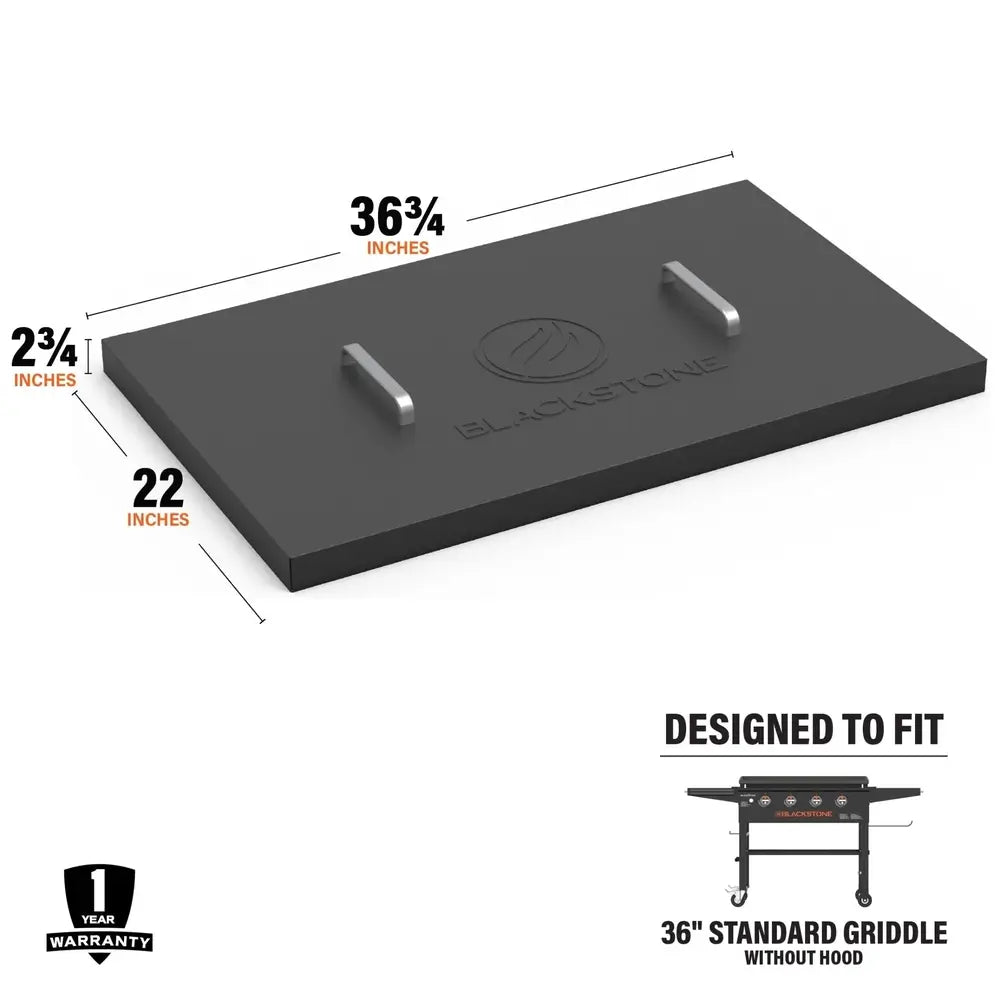 Blackstone 36-inch hard griddle cover dimensions: 36 ¾” W x 22” D x 2 ¾” H – perfect fit for 4-burner standard griddles