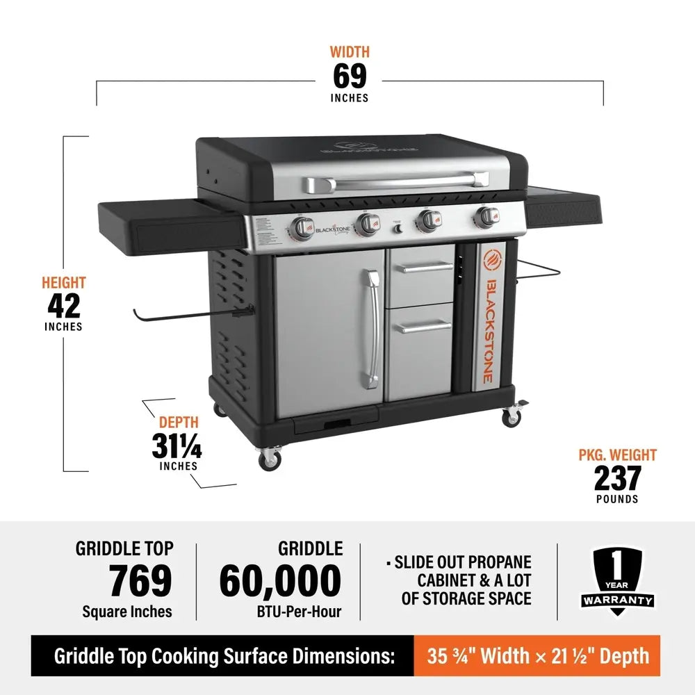 Specs layout showing dimensions, BTU, and features of the Blackstone 36" Griddle with Hood and Cabinet