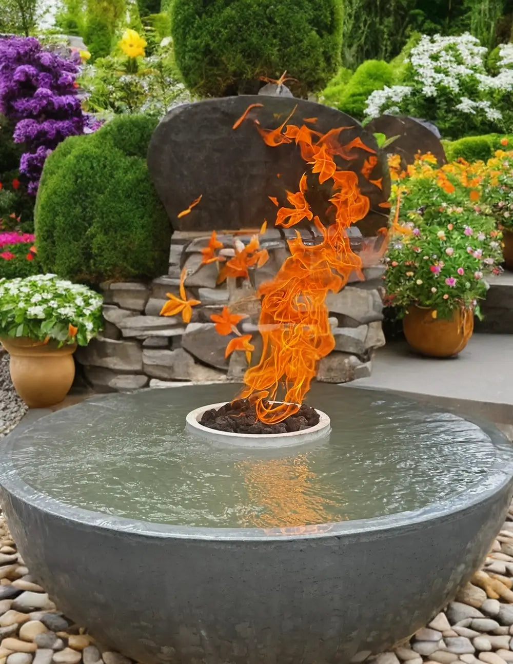 TessaRai 40-inch 360 Fire and Water Bowl with tall vibrant flames and overflowing water in a lush garden setting.