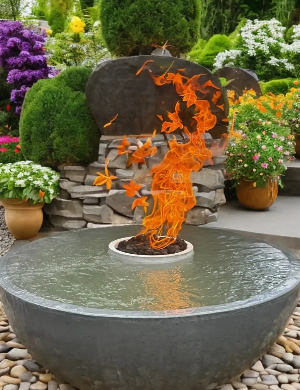 Luxury outdoor centerpiece featuring a 360-degree overflowing water fire bowl with a stone landscape background.