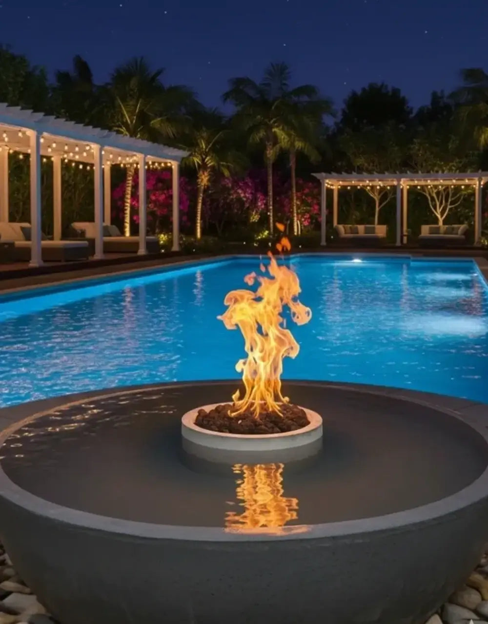 Nighttime poolside landscape featuring an illuminated 40-inch TessaRai 360 fire and water feature with pool reflections.