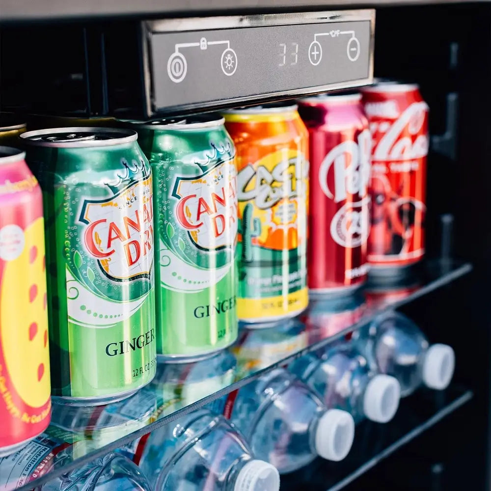 Summerset Outdoor Refrigerator glass door close-up of the stainless steel handle and casing.