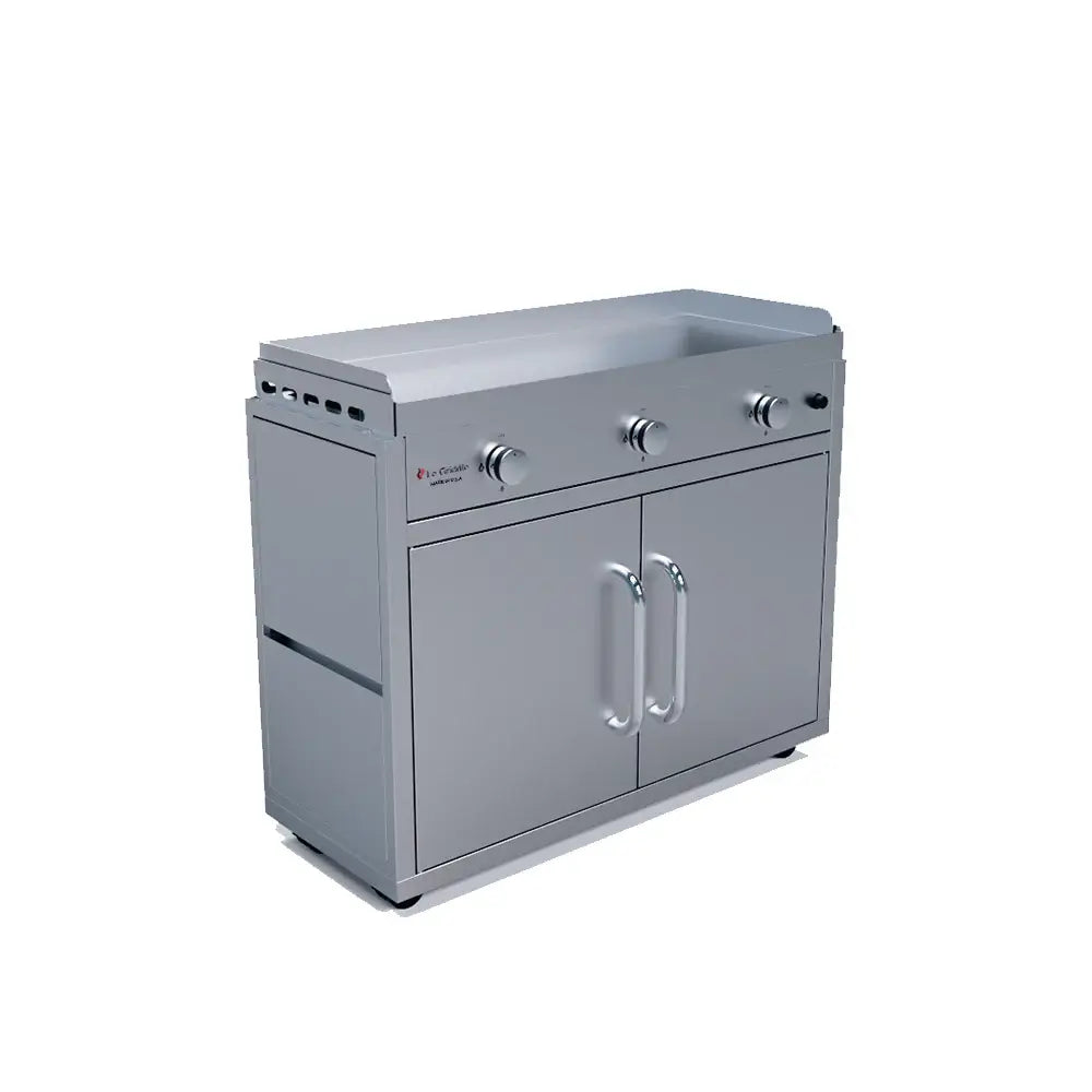 Le Griddle 41" Big Texan Freestanding Gas Griddle Closed Shelves Angled View