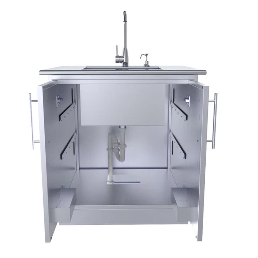 Interior view of the Sunstone SBC30FDD cabinet configured as a sink base, showing plumbing cutouts, an installed undermount sink, and a tall faucet.