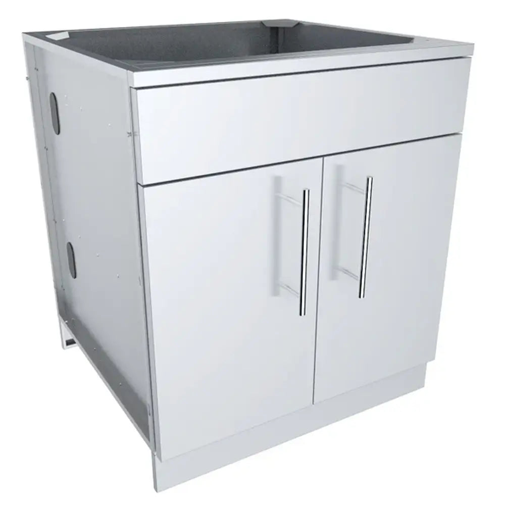 Three-quarter perspective of the Sunstone 30-inch outdoor island cabinet base showcasing the heavy-duty 304 stainless steel construction.