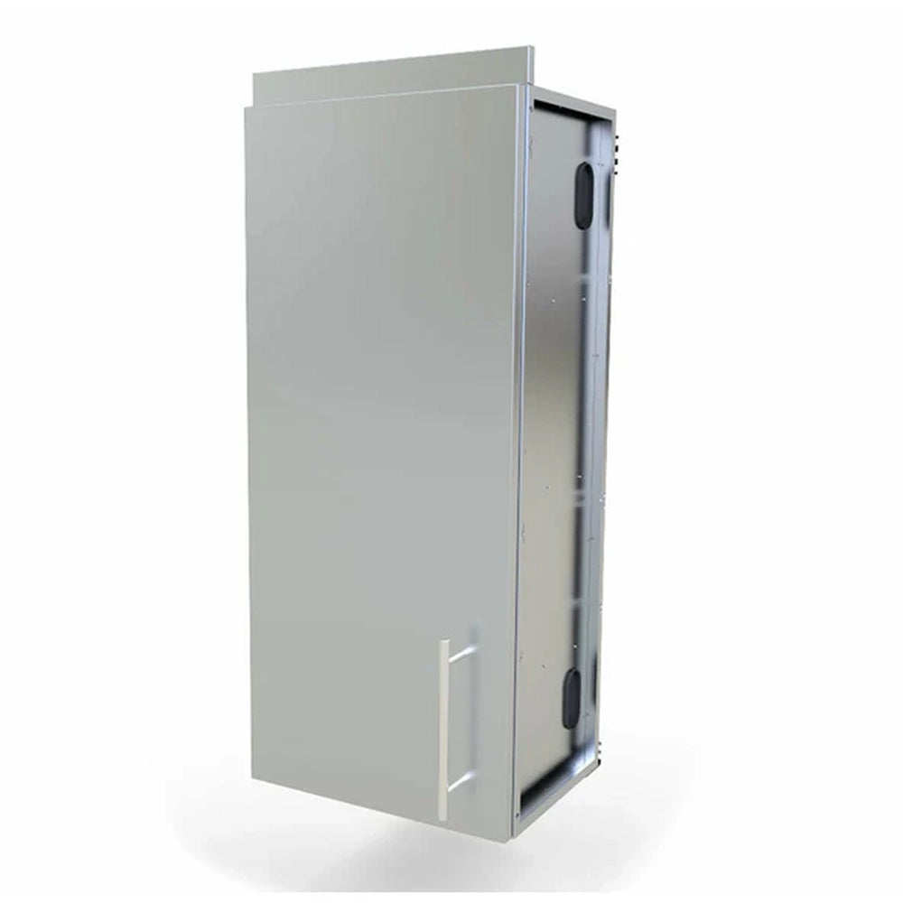 Angled view of Sunstone SWC18FSDL 18-inch stainless steel full height wall cabinet with left swing door and modern handle.
