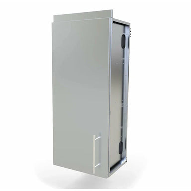 Angled view of Sunstone SWC18FSDL 18-inch stainless steel full height wall cabinet with left swing door and modern handle.