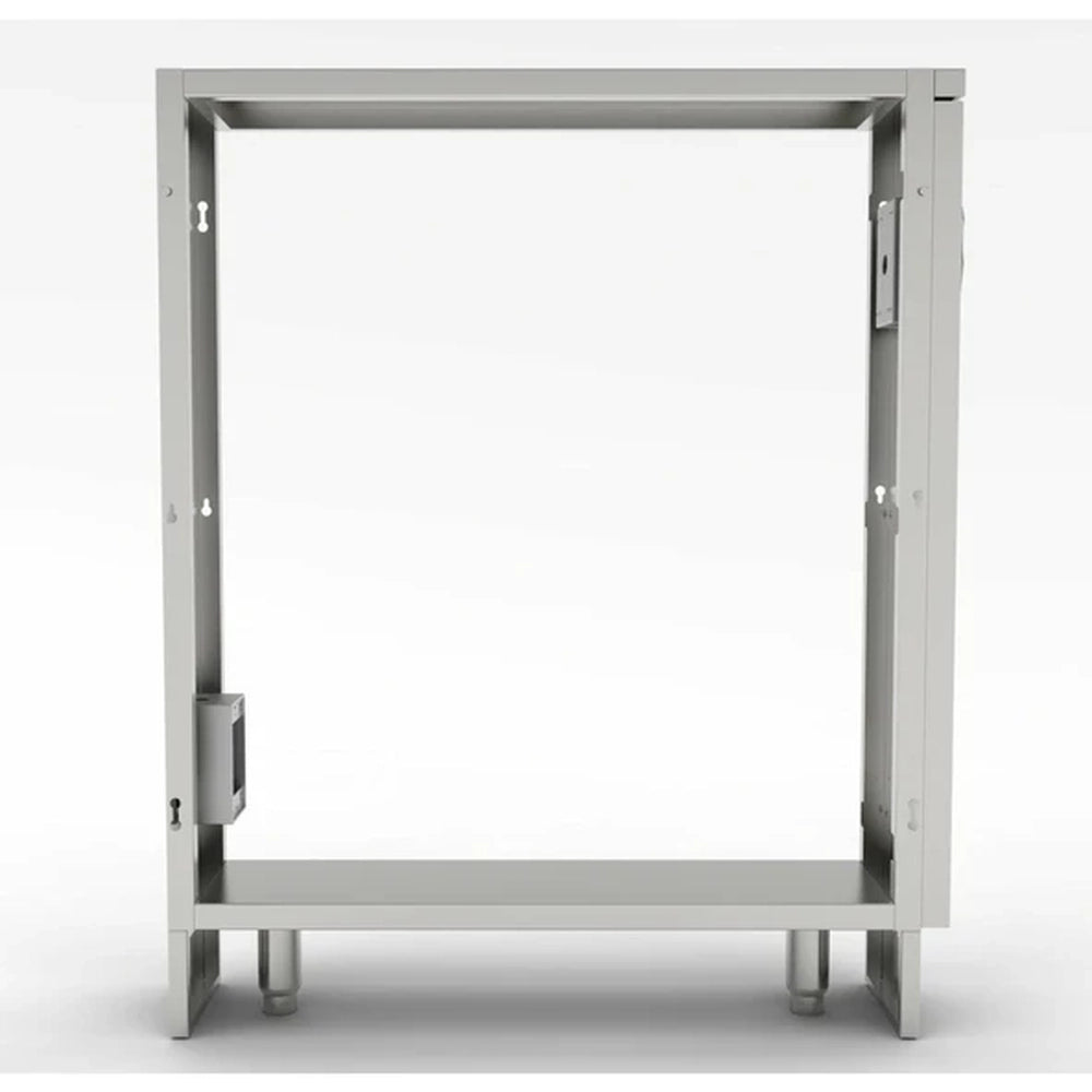 Front view of a 6-inch Sunstone spacer cabinet frame showing internal electrical junction box and adjustable leveling legs for outdoor kitchen installation.