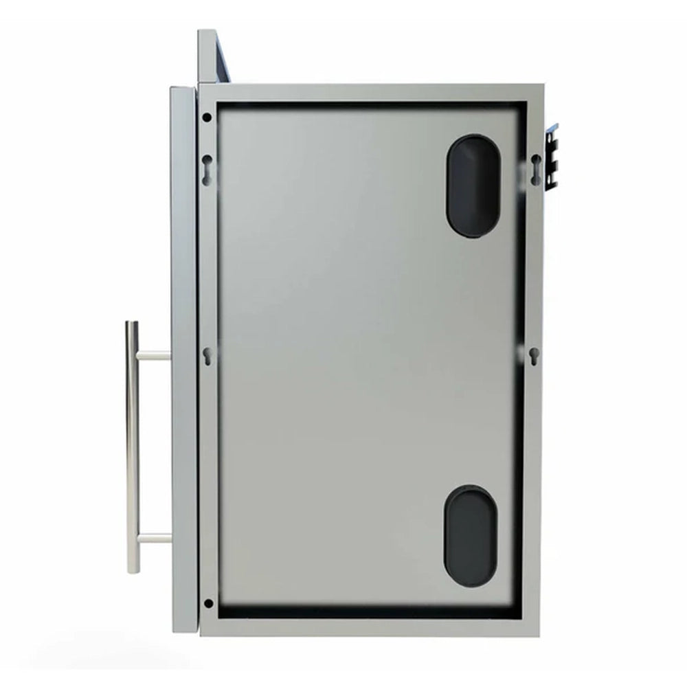 Side view of Sunstone SWC18CSDR 18-inch upper wall right swing cabinet showing stainless steel frame and mounting design