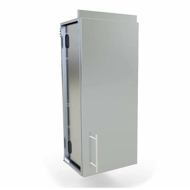 Angled perspective of the Sunstone SWC18FSDR outdoor kitchen wall cabinet highlighting its durable 304 stainless steel construction and right-swing door.