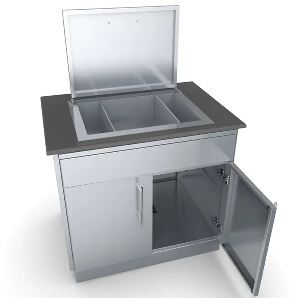 Sunstone SBC36CDD base cabinet configured with a built-in drop-in ice chest and open storage door.