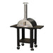 WPPO Karma 25 colored wood-fired oven in black finish with stainless chimney, wheeled cart, side tables, and storage shelf.