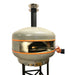 WPPO Lava 28 digital wood-fired oven with tiled dome, orange accents, chimney, and pizza peel in cooking chamber.