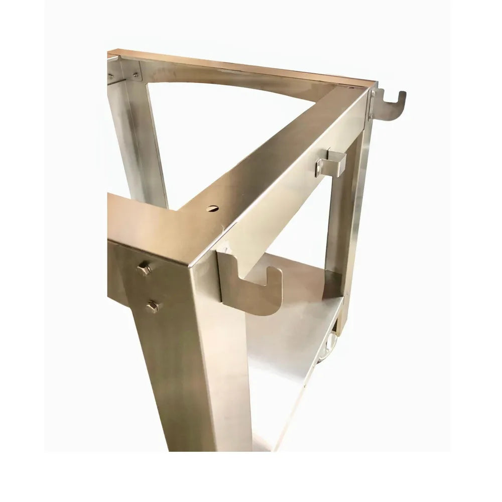 Close-up of WPPO Karma 42 stainless steel stand cart frame with hanging hooks and mounting brackets.