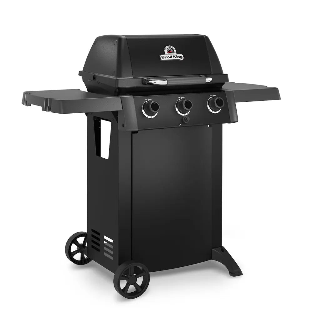 Broil King Crown 310 Shadow gas grill in black, angled view