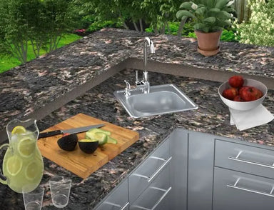 Sunstone P-FHC polished chrome outdoor hot and cold faucet installed in outdoor kitchen sink, 1.7 GPM gooseneck bar faucet.