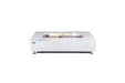 A studio shot on a plain white background showing the rectangular Athens fire table with a lit linear flame burning over a bed of vibrant blue glass rocks.