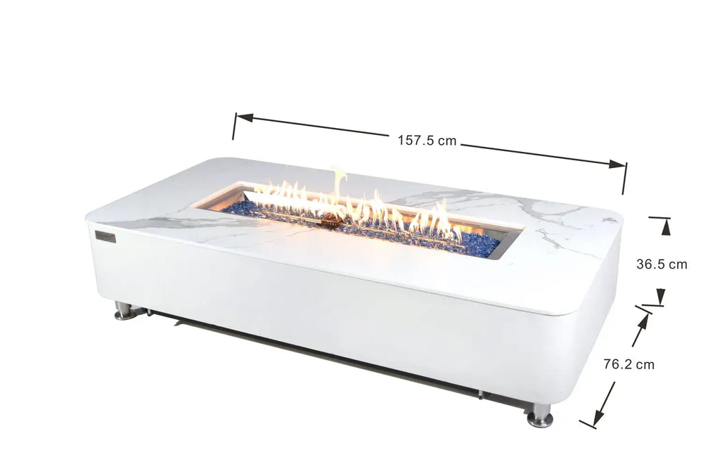 A product diagram of the white fire table on a white background with dimension lines indicating a length of 157.5 cm, a width of 76.2 cm, and a height of 36.5 cm.
