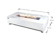 A product diagram of the white fire table on a white background with dimension lines indicating a length of 157.5 cm, a width of 76.2 cm, and a height of 36.5 cm.